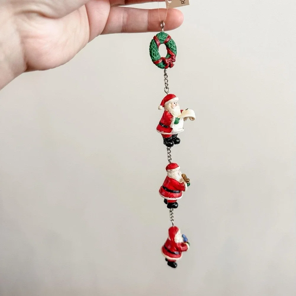 VTG New RUSS 3 Santa's w/List, Bow & Present Hanging on Chain Christmas Ornament